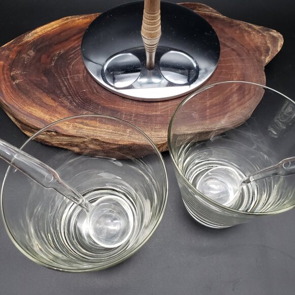 Vintage Mid Century Condiment Server 2 Glass Bowls Chrome Wood Handle + Spoons - Picture 4 of 6